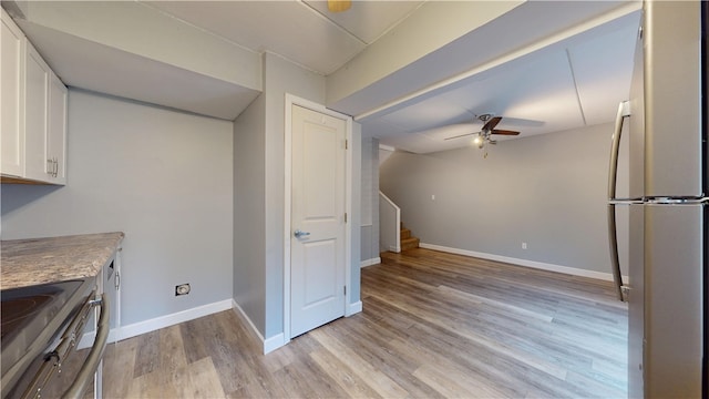 120 Rivermont Ct, Harmar, PA 15024 - kitchen featuring appliances with stainless steel finishes, light wood-style floors, white cabinetry, and ceiling fan