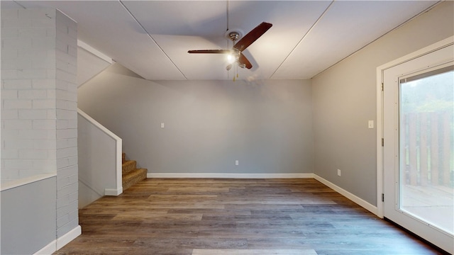 120 Rivermont Ct, Harmar, PA 15024 - empty room featuring a ceiling fan, healthy amount of natural light, wood finished floors, stairway, and lofted ceiling