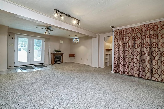 119 S Patton, Moon/Crescent Twp, PA 15108 - unfurnished living room featuring carpet floors, a ceiling fan, beverage cooler, french doors, and a fireplace