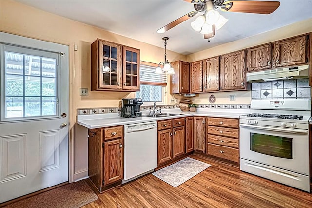 119 S Patton, Moon/Crescent Twp, PA 15108 - kitchen featuring white appliances, under cabinet range hood, dark wood finished floors, light countertops, and glass insert cabinets