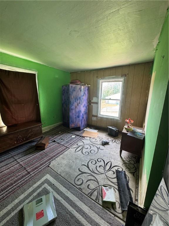 69 Beech St, Cecil, PA 15350 - unfurnished bedroom featuring carpet, wood walls, and a textured ceiling