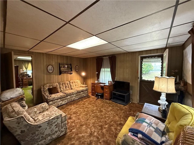 66 Beech St, Cecil, PA 15350 - carpeted living area with a drop ceiling and wood walls