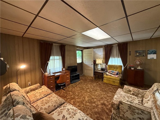 66 Beech St, Cecil, PA 15350 - home office with carpet floors, wood walls, and a paneled ceiling