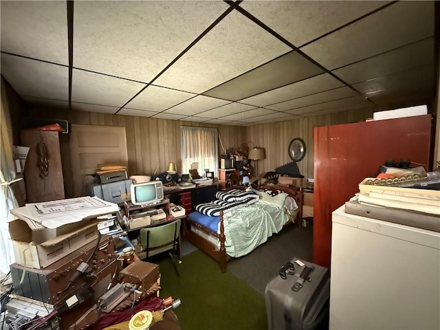 66 Beech St, Cecil, PA 15350 - bedroom with wood walls, a paneled ceiling, and carpet
