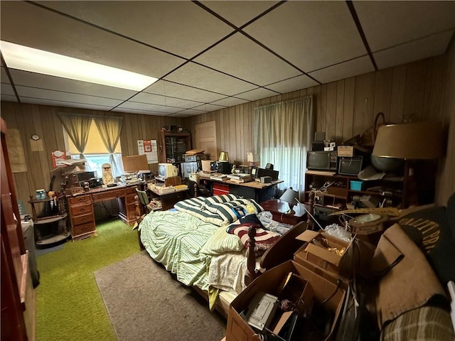 66 Beech St, Cecil, PA 15350 - carpeted bedroom featuring wooden walls, a desk, and a drop ceiling