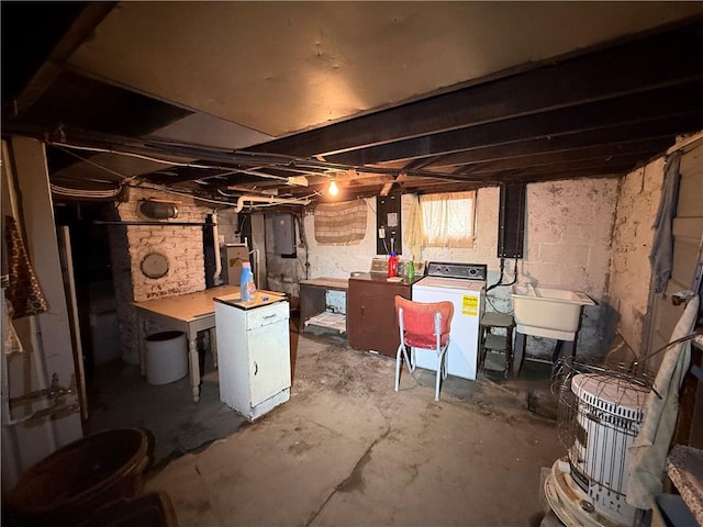 66 Beech St, Cecil, PA 15350 - below grade area with electric panel, refrigerator, and washing machine and dryer