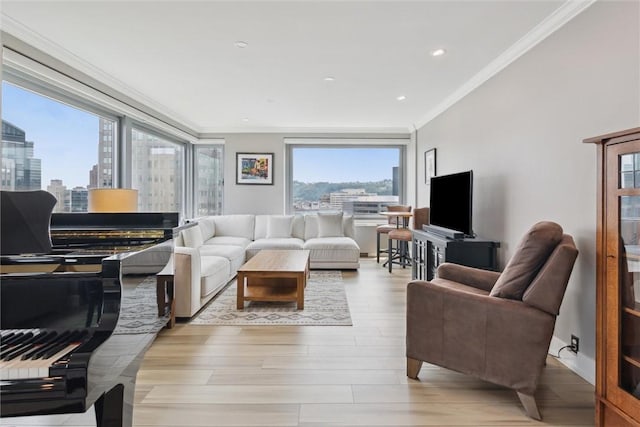 320 Fort Duquesne Blvd Unit 23L, Downtown Pgh, PA 15222 - living area featuring crown molding, light wood-type flooring, and a city view