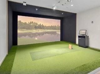 222 Amon St, Cranberry Twp, PA 16066 - rec room featuring golf simulator, carpet, and rail lighting