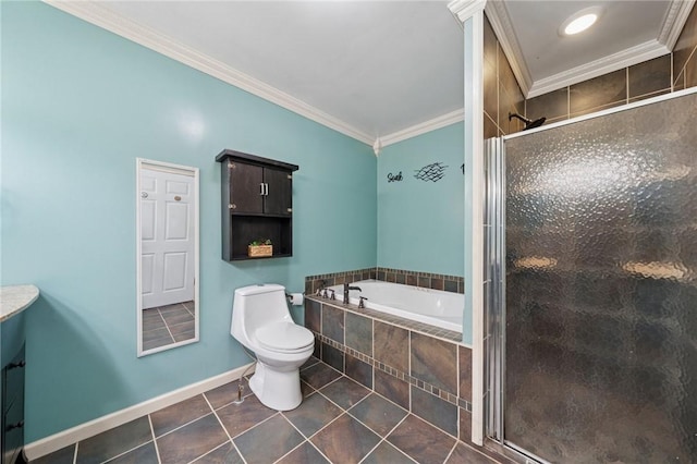 213 Mcdonald Dr, North Huntingdon, PA 15642 - bathroom with ornamental molding, a bath, tile patterned floors, and a shower stall