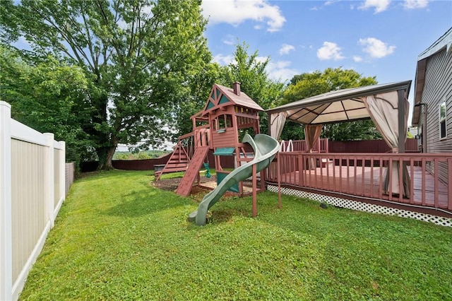 213 Mcdonald Dr, North Huntingdon, PA 15642 - view of playground with a gazebo, a fenced backyard, and a wooden deck