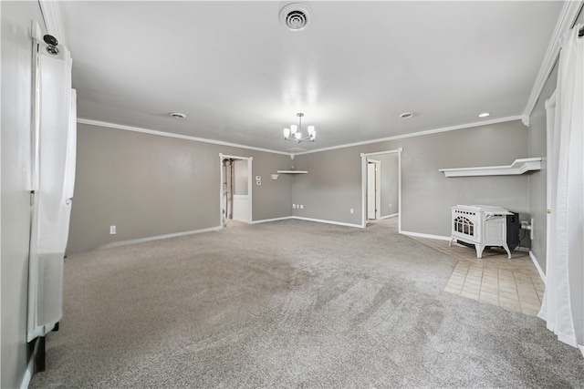 213 Mcdonald Dr, North Huntingdon, PA 15642 - unfurnished living room featuring carpet floors, a chandelier, crown molding, and tile patterned floors