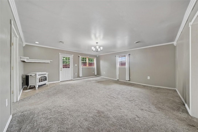 213 Mcdonald Dr, North Huntingdon, PA 15642 - unfurnished living room with ornamental molding, a chandelier, carpet, and a wood stove