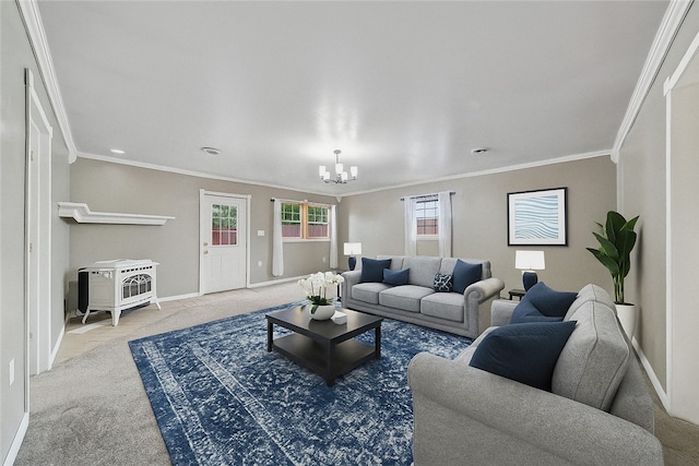 213 Mcdonald Dr, North Huntingdon, PA 15642 - carpeted living room with a chandelier and ornamental molding
