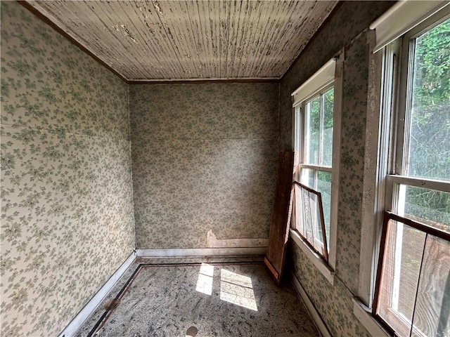 653 Upr Middletown Rd, Menallen Twp, PA 15480 - spare room featuring wallpapered walls, wood ceiling, and ornamental molding