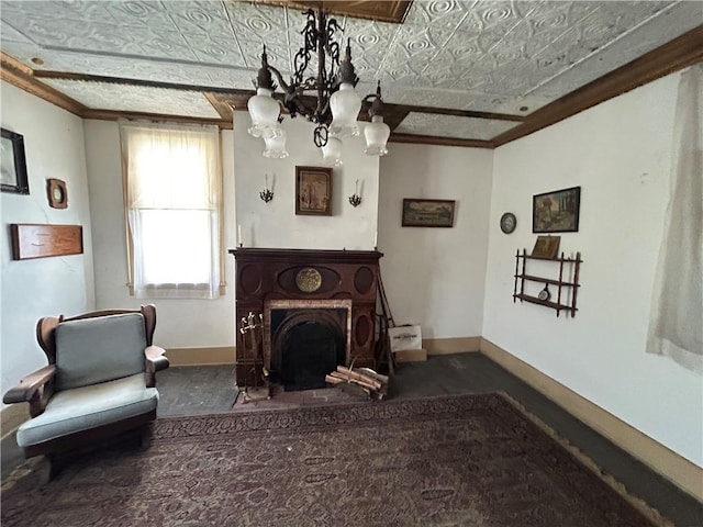 653 Upr Middletown Rd, Menallen Twp, PA 15480 - living room featuring an ornate ceiling, ornamental molding, and a chandelier