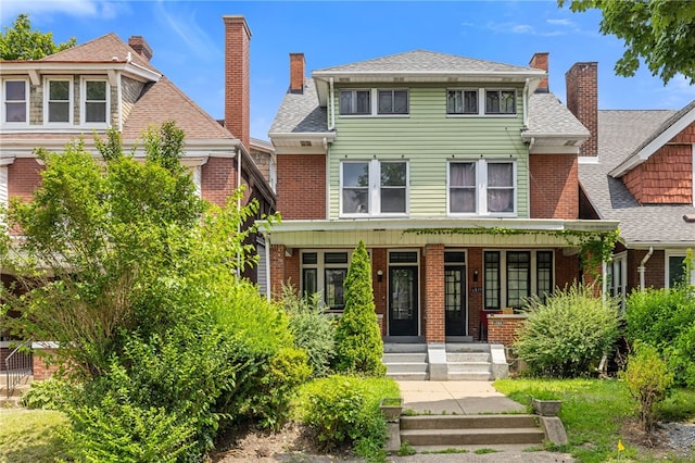 6933 Mcpherson Blvd, Point Breeze, PA 15208 - view of front of home featuring brick siding, a porch, a shingled roof, and a chimney