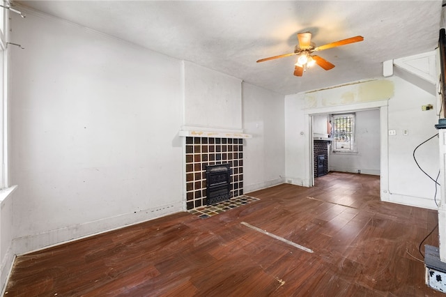 6933 Mcpherson Blvd, Point Breeze, PA 15208 - unfurnished living room with ceiling fan, wood finished floors, and a fireplace