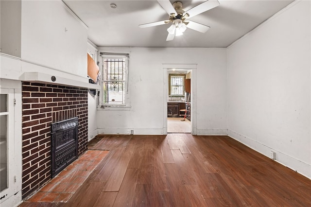 6933 Mcpherson Blvd, Point Breeze, PA 15208 - unfurnished living room with wood finished floors, a fireplace, and a ceiling fan