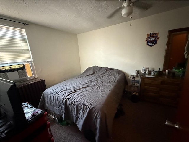 1201 Illinois Ave, Dormont, PA 15216 - bedroom featuring carpet, radiator heating unit, cooling unit, a textured ceiling, and ceiling fan