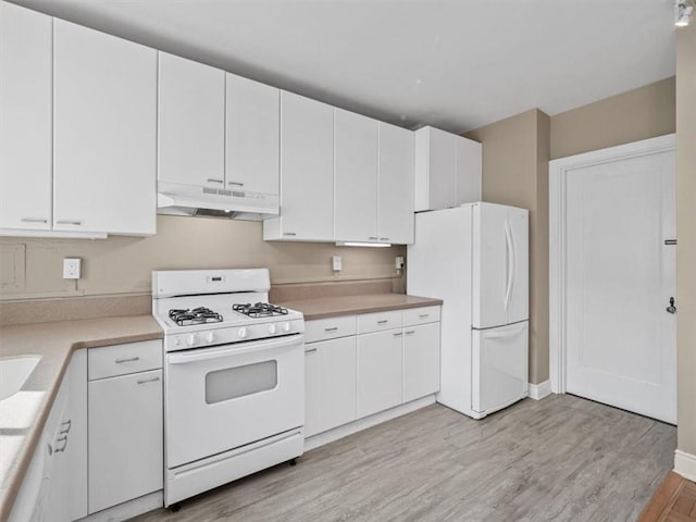 166 N Dithridge St Unit 3E, Oakland, PA 15213 - kitchen featuring white appliances, under cabinet range hood, light wood-style flooring, light countertops, and white cabinetry