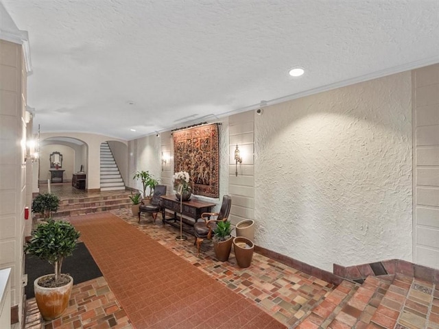 166 N Dithridge St Unit 3E, Oakland, PA 15213 - common area with a textured wall, stairs, crown molding, and recessed lighting