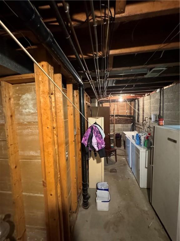 495 Pierson Run Rd, Plum Boro, PA 15239 - unfinished below grade area featuring washer and clothes dryer and freestanding refrigerator