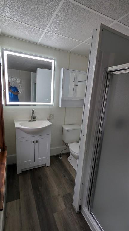 613 Third St, City Of But Ne, PA 16001 - bathroom featuring vanity, wood finished floors, a stall shower, and a paneled ceiling
