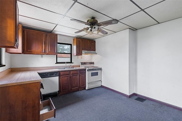 149 Frank St, Whitaker, PA 15120 - kitchen with white appliances, under cabinet range hood, ceiling fan, a paneled ceiling, and dark carpet