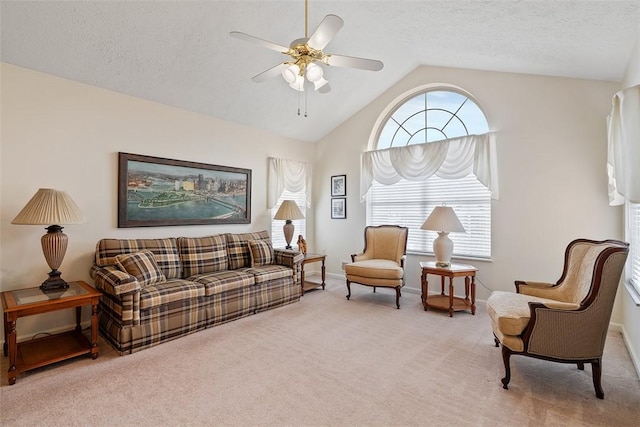5113 Polo Fields Dr, Hampton, PA 15044 - living room with carpet, ceiling fan, vaulted ceiling, and a textured ceiling