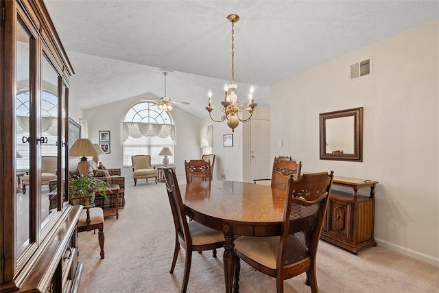 5113 Polo Fields Dr, Hampton, PA 15044 - dining area featuring light carpet, lofted ceiling, a ceiling fan, a chandelier, and a textured ceiling