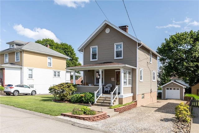 107 Braun St, Shaler, PA 15223 - traditional style home with covered porch, driveway, an outdoor structure, a garage, and a chimney