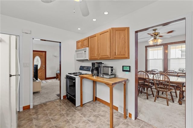 107 Braun St, Shaler, PA 15223 - kitchen featuring white appliances, ceiling fan, light colored carpet, and recessed lighting