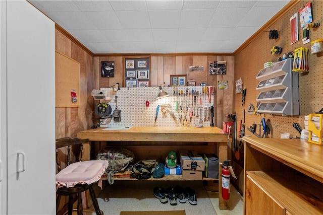 107 Braun St, Shaler, PA 15223 - miscellaneous room featuring a workshop area, wood walls, and ornamental molding