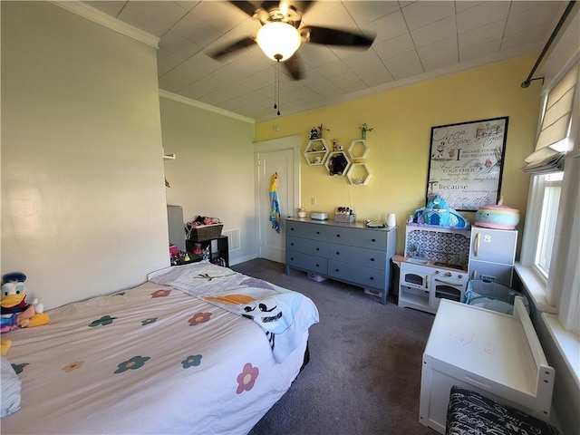 1727 Tyler St, Aliquippa, PA 15001 - bedroom featuring ornamental molding, dark colored carpet, and a ceiling fan