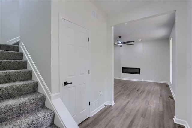 130 Center Ave, Burgettstown Boro, PA 15021 - staircase with ceiling fan, wood finished floors, and a glass covered fireplace