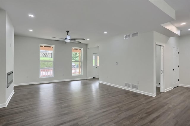 130 Center Ave, Burgettstown Boro, PA 15021 - unfurnished living room featuring dark wood-type flooring, ceiling fan, recessed lighting, and a glass covered fireplace