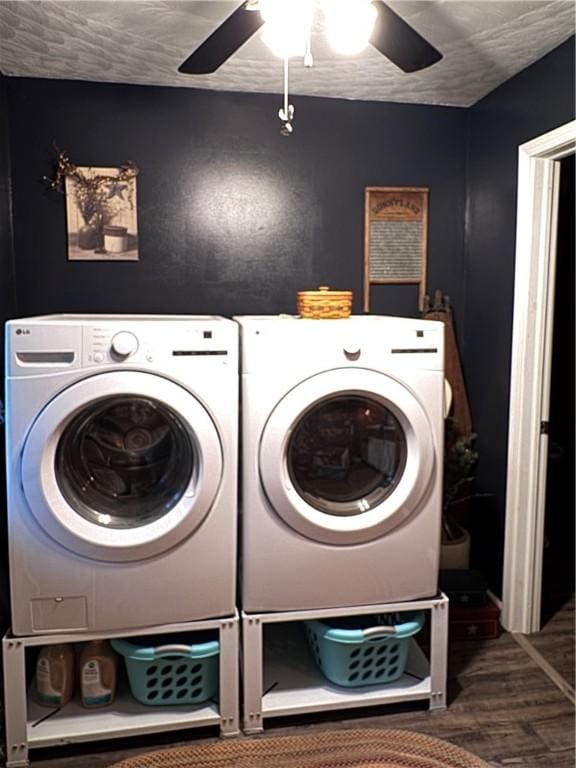 233 Grantz Hollow Rd, Bethel Twp, PA 15690 - washroom featuring a ceiling fan, washer and clothes dryer, and wood finished floors