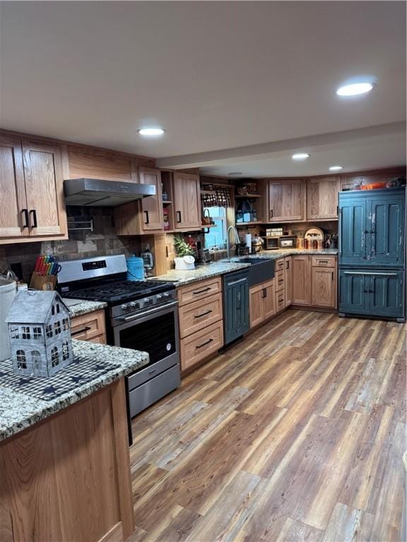 233 Grantz Hollow Rd, Bethel Twp, PA 15690 - kitchen with stainless steel range with gas stovetop, extractor fan, open shelves, dishwasher, and light stone countertops