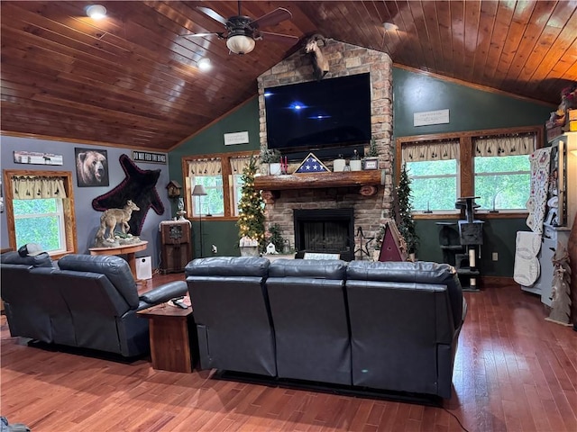 233 Grantz Hollow Rd, Bethel Twp, PA 15690 - living room featuring ceiling fan, wood ceiling, a fireplace, healthy amount of natural light, and hardwood / wood-style floors