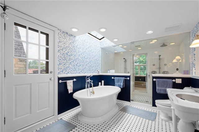 60 Longuevue Dr, Mt Lebanon, PA 15228 - full bathroom with wallpapered walls, a stall shower, a wainscoted wall, a skylight, and a freestanding bath