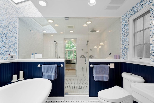 60 Longuevue Dr, Mt Lebanon, PA 15228 - full bath with a shower stall, a soaking tub, a skylight, and wallpapered walls