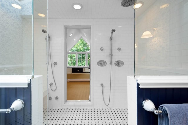 60 Longuevue Dr, Mt Lebanon, PA 15228 - full bathroom featuring a walk in shower, a baseboard heating unit, and tile patterned flooring