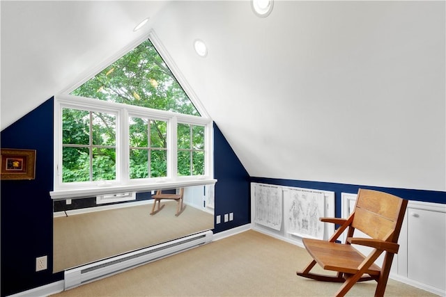 60 Longuevue Dr, Mt Lebanon, PA 15228 - sitting room featuring a baseboard radiator, lofted ceiling, and carpet flooring