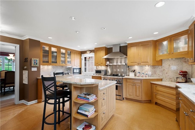 60 Longuevue Dr, Mt Lebanon, PA 15228 - kitchen with wall chimney exhaust hood, stainless steel appliances, open shelves, light stone countertops, and recessed lighting
