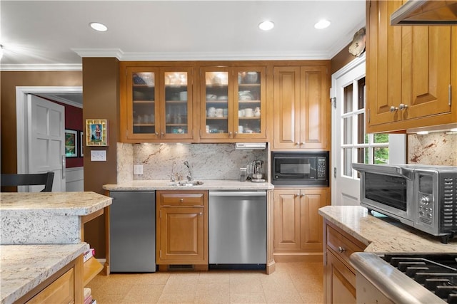 60 Longuevue Dr, Mt Lebanon, PA 15228 - kitchen featuring stainless steel dishwasher, black microwave, crown molding, refrigerator, and decorative backsplash