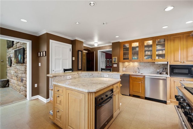 60 Longuevue Dr, Mt Lebanon, PA 15228 - kitchen featuring black appliances, light floors, a kitchen island, glass insert cabinets, and light stone counters