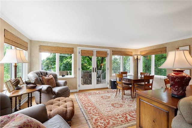 60 Longuevue Dr, Mt Lebanon, PA 15228 - living area with light wood-style floors, crown molding, and french doors
