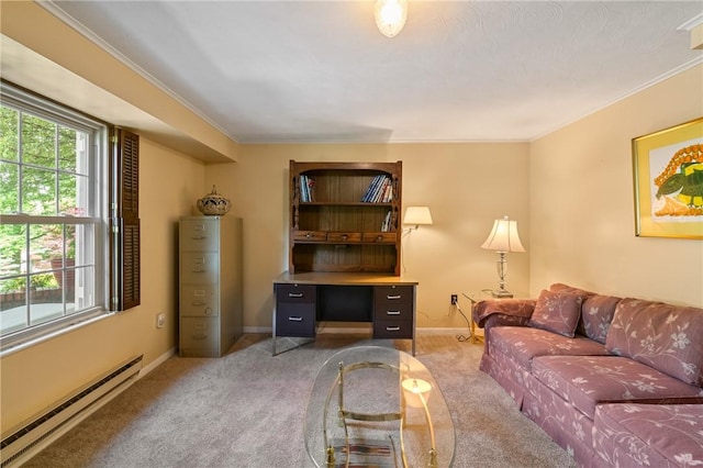 1026 Cambridge St, Harrison Twp, PA 15065 - living area featuring a baseboard heating unit, light carpet, and ornamental molding