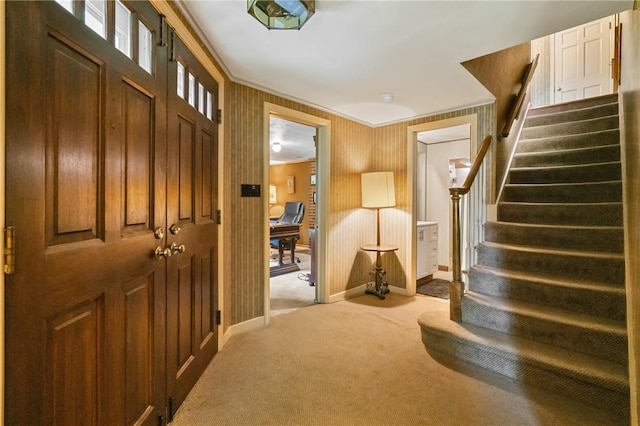 1026 Cambridge St, Harrison Twp, PA 15065 - entrance foyer featuring stairs, carpet floors, and crown molding