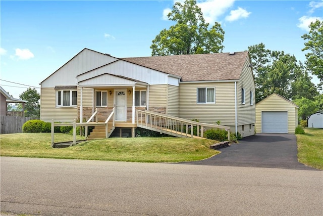 157 Elizabeth St, South Union Twp, PA 15445 - view of front facade with a garage, a shingled roof, an outdoor structure, covered porch, and driveway